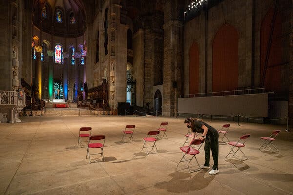The waiting area of a pop-up vaccination site at St. John the Divine Cathedral in New York sat empty last month.